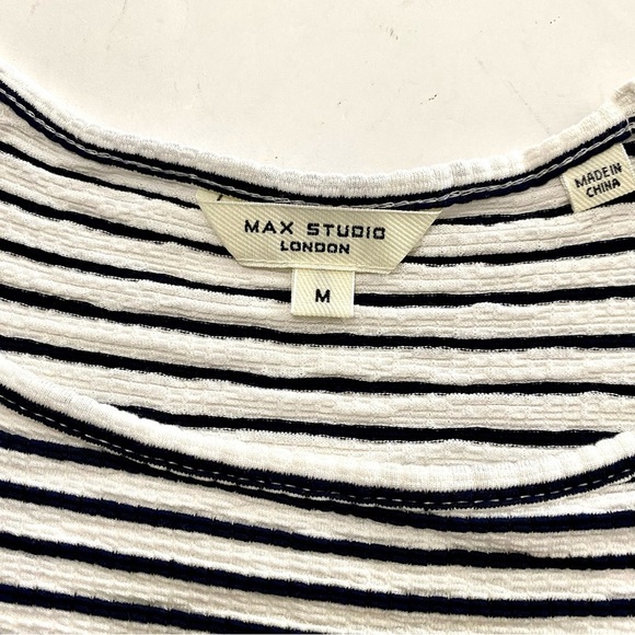 Max Studio London White Black Stripe Flutter Short Sleeve Top Blouse Size Medium - Picture 9 of 12